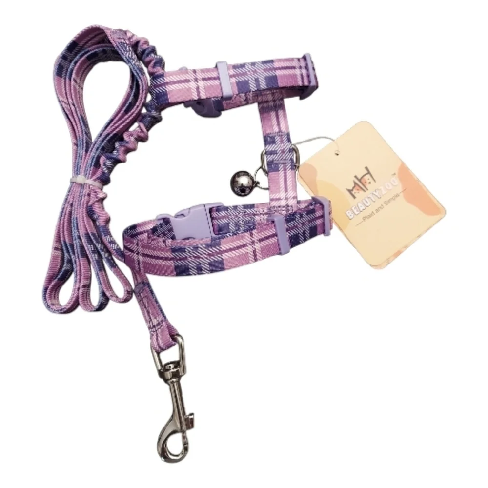BEAUTYZOO Purple Plaid Small Dog/Cat Harness And Leash NEW
